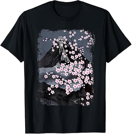 美品　魅力的な扇子と花柄のカジュアルTシャツ 今昔 KON-JAKU 扇子の風に乗った菊の香り 和柄 半袖Tシャツ